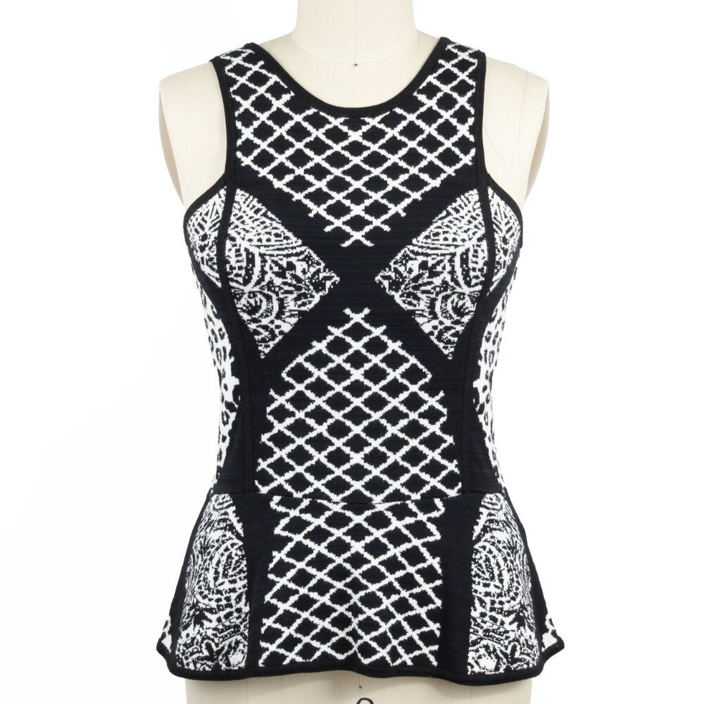Nicole Miller Artelier Black & White Peplum Double Knit Tank Top Small